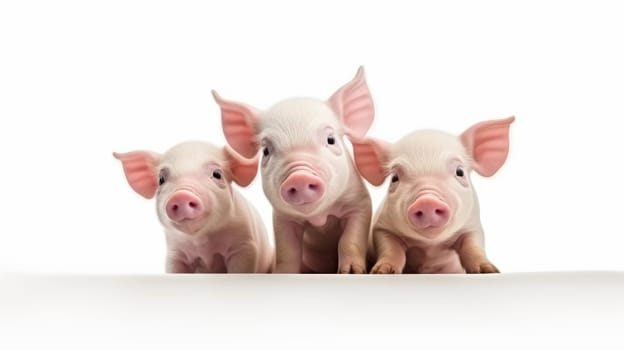 Beautiful Piglets in a row with blank whiteboard isolated on white background. Artificial Art.