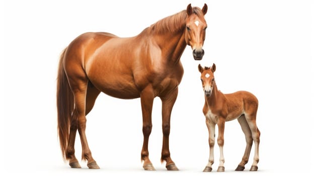 Beautiful horse with her foal isolated on white background. Artificial art.