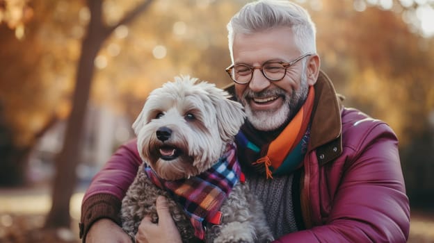 Happy laughing Man with his beautiful mixed breed Dog having Fun. Artificial Art.