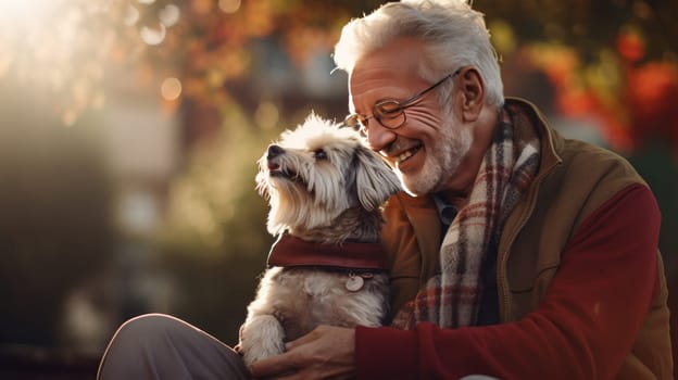 Happy laughing Man with his beautiful Terrier Dog having Fun. Artificial Art.