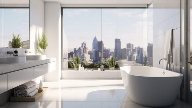Beautiful bathroom in luxury home with bathtub, and shower. artificial art