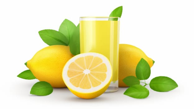 Delicious lemonade juice with fresh lemons and green leaves on white background. Artificial Art
