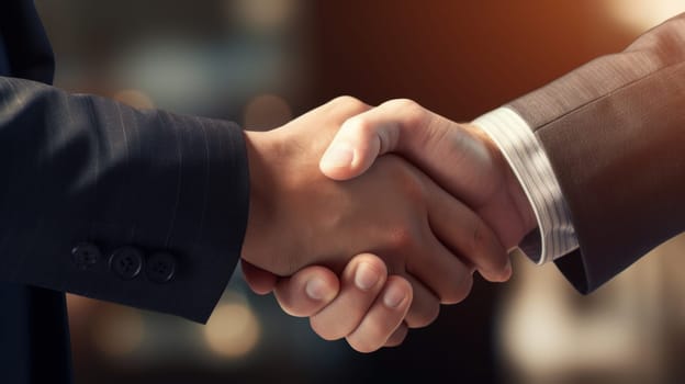 Business people in office suits standing and shaking hands, close-up. Business communication concept. Handshake and marketing. artificial art