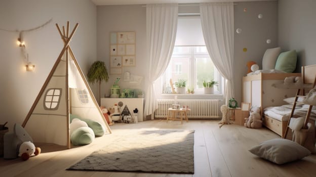 Creative playroom interior decorated with toys for kids. artificial art