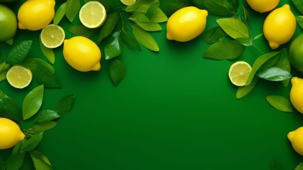 Fresh lemons with green leaves and copyspace on green background. artificial art