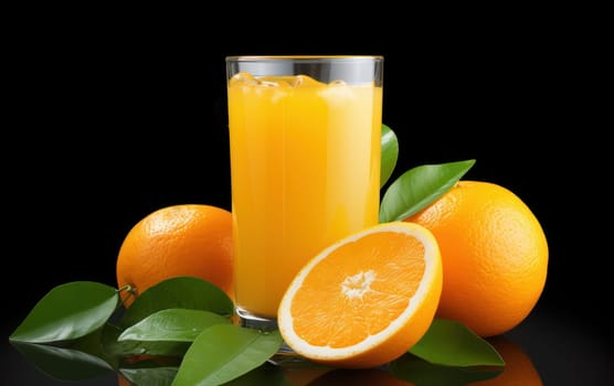 Fresh delicious orange juice in a glass with orange fruit on black background. artificial art