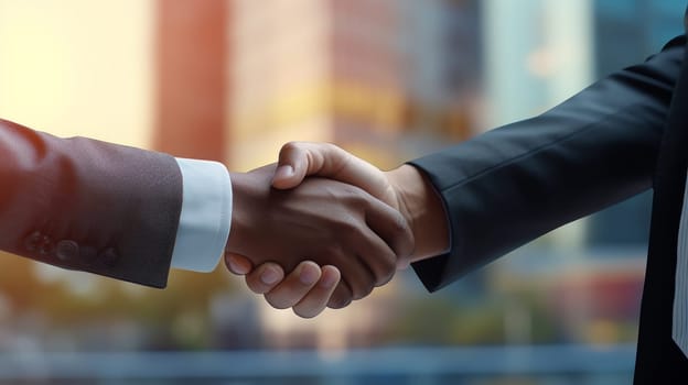Business people in office suits standing and shaking hands, close-up. Business communication concept. Handshake and marketing. artificial art