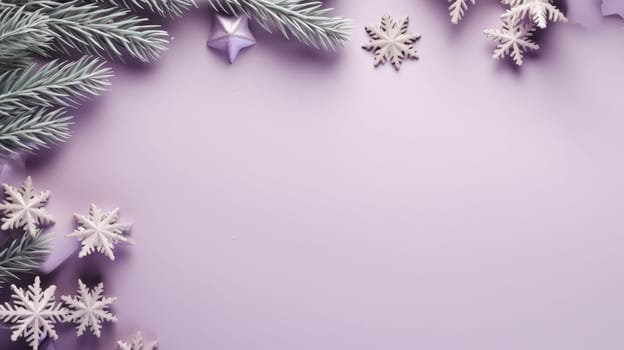 Christmas holiday star and fir branch background in bright purple colours. Winter theme wallpaper. Artificial Art