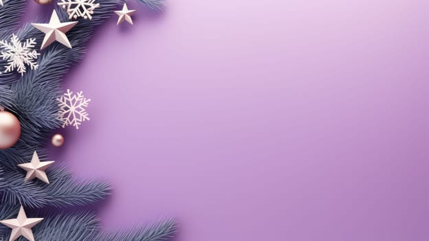 Christmas holiday star and fir branch background in bright purple colours. Winter theme wallpaper.