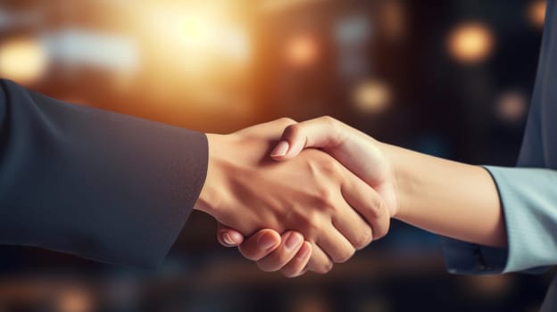 Business people in office suits standing and shaking hands, close-up. Business communication concept. Handshake and marketing. artificial art