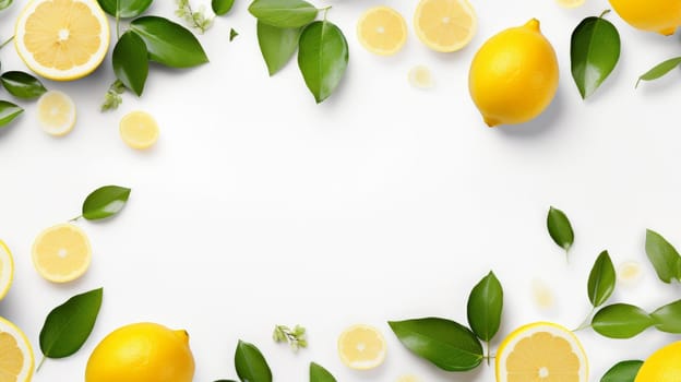 Backdrop with fresh lemons and green leaves and copyspace isolated on white background. Artificial Art