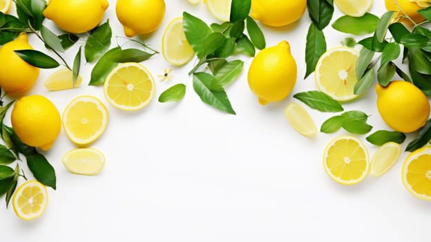 Backdrop with fresh lemons and green leaves and copyspace isolated on white background. Artificial Art