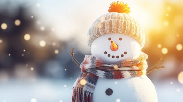 Funny Toy Snowman in a beautiful Winter scenic with bokeh. Artificial Art.