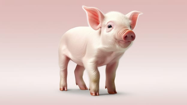 Standing young Piglet isolated on pink background. artificial art