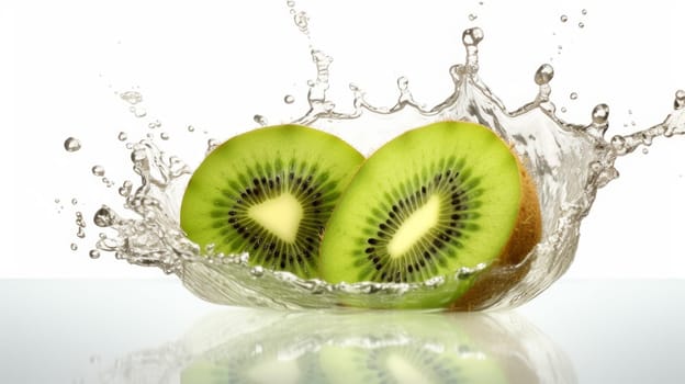 Kiwi splash with water drops in motion on white background. artifial art
