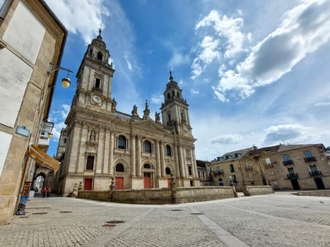 Lugo, Spain, September 6th 2023: View on Lugo Cathedral and Praza Pio XII in Galicia, Spain.