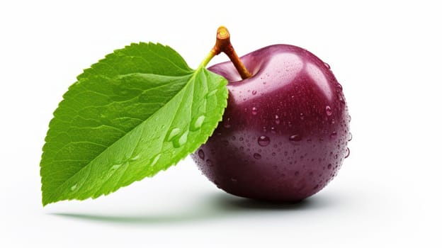 Fresh plum with waterdrops green leaf isolated on white background. artificial art