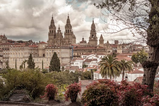 Santiago de Compostela, Spain, September 11th 2023: View on city skyline of Santiago de Compostela in Galicia, Spain. View on Cathedral