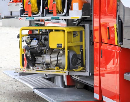 A detailed view of a fire engine. Facilities of a fire engine.