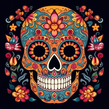 colorful sugar skull decorated with intricate floral patterns on a light background.generative Ai,
