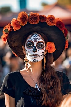 close-up young woman with make-up at the festival Day of the Dead - Dia de los Muertos (Day of the dead) - a holiday dedicated to the memory of the dead.generative Ai