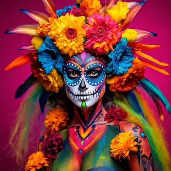close-up young woman with make-up at the festival Day of the Dead - Dia de los Muertos, a holiday dedicated to the memory of the dead.against the backdrop of illumination.