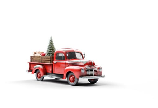 Holiday Red Truck carries a Christmas tree and gifts .on a white background. illustration for postcard or children's book. Generative AI