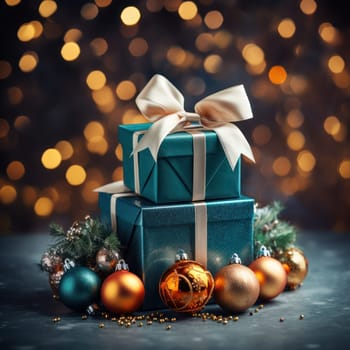 gift boxes with Christmas tree decorations on the background of Christmas holiday illumination.  Generative AI