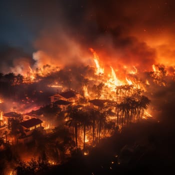 engulfed forest fires come close to the city and houses, environmental problems and disaster. Generative AI