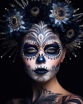 Woman with sugar skull makeup and flowers. close-up. Dia de los muertos, mexican holiday of the dead. Generative AI