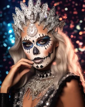 Woman with sugar skull makeup and flowers. close-up. Dia de los muertos, mexican holiday of the dead. Generative AI