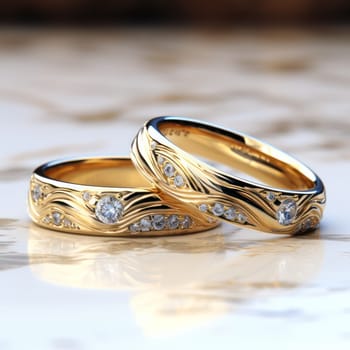Wedding rings in gold with diamonds, close-up on a marble background. postcard or invitation to the holiday.Generative AI