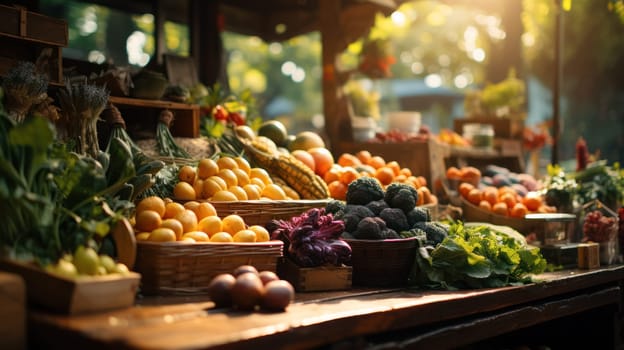 stand with fresh fruits and vegetables at the farmers market.Generative AI