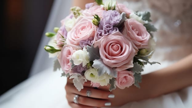 wedding bouquet in the hands of the bride at the celebration close-up.Generative AI