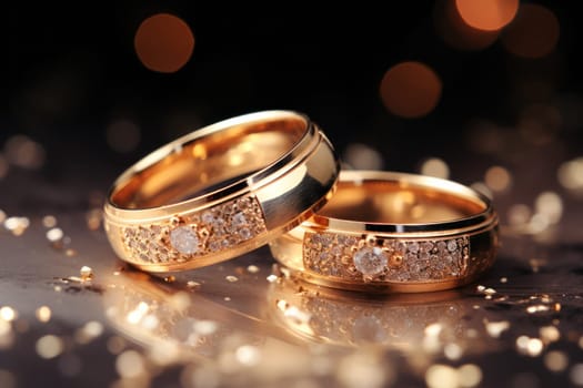 wedding rings on black stone and autumn leaves background. Generative AI