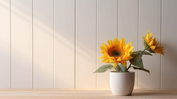 Yellow sunflower in a white flower pot in a wooden room. copy space.Generative AI