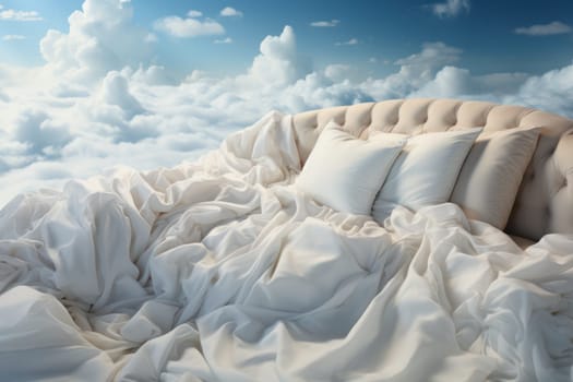 silk bed linen and the most delicate pillows and blankets, soft as feathers and light as clouds in the sky. Luxury bedding. Generative AI