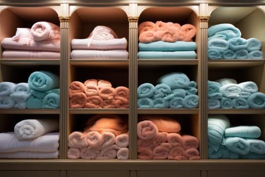 stacks of colored terry towels in a boutique. Home textile, beautiful rolled soft fluffy towels on the shelf.Generative AI