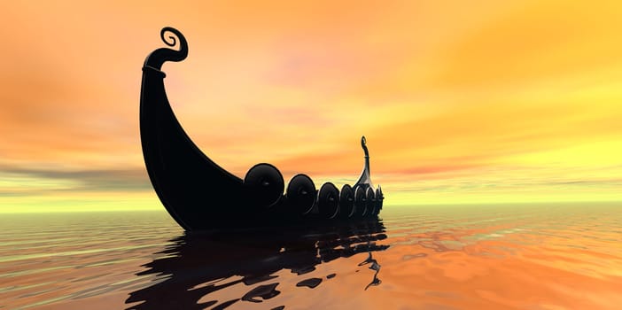 A Viking longboat rows to new shores for trading and adventure.