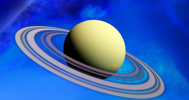 Smaller then our Jupiter planet this exoplanet with a ring system is surrounded by a blue nebula.
