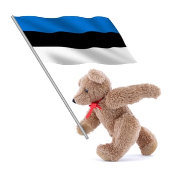An Estonia flag being carried by a cute teddy bear