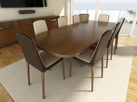 Dining table and chairs in the room. 3D illustration.