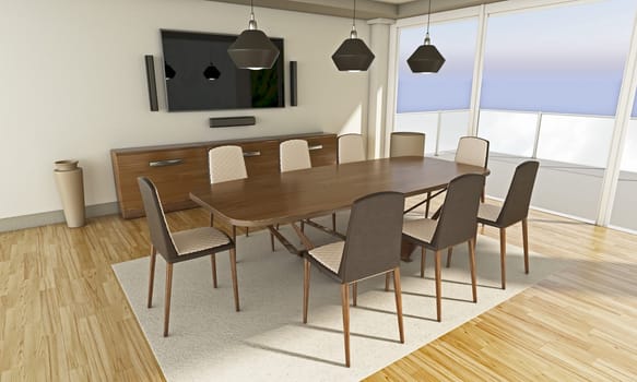 Dining table and chairs in the room. 3D illustration.