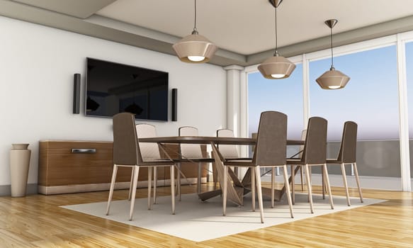 Dining table and chairs in the room. 3D illustration.