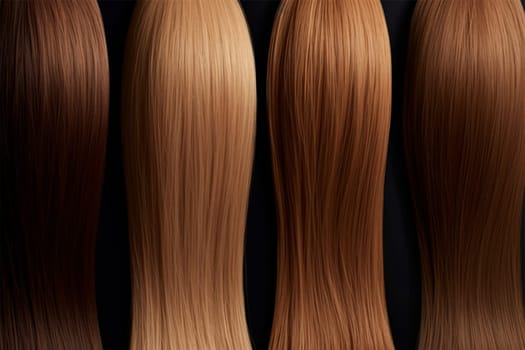assortment of hair for hair extension procedure. types of materials, color and quality for the presentation of the service. Toning of different shades of the background of the strands. Social media content for beauty salons and hair shops.