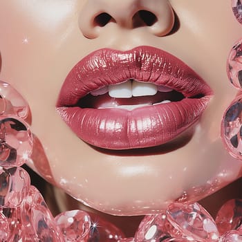 Beautiful pink glossy female lips with precious crystals on the face