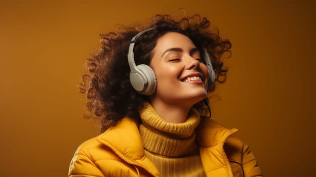 A young woman with curly hair closes her eyes and listens to music on headphones on a yellow background.People, music, emotions concept.