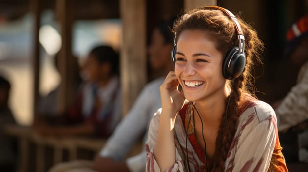 young woman smiling while listening to music on headphones outdoors in a cafe .