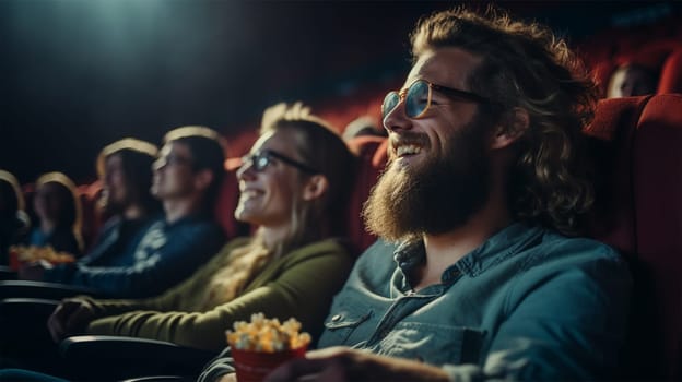 spectators in the cinema sit and watch the film with enthusiasm and attention and laugh