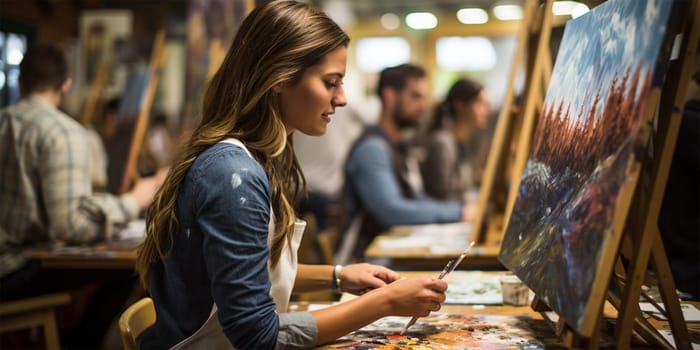A young artist smiles confidently and paints a picture in the company of her colleagues in an art studio.